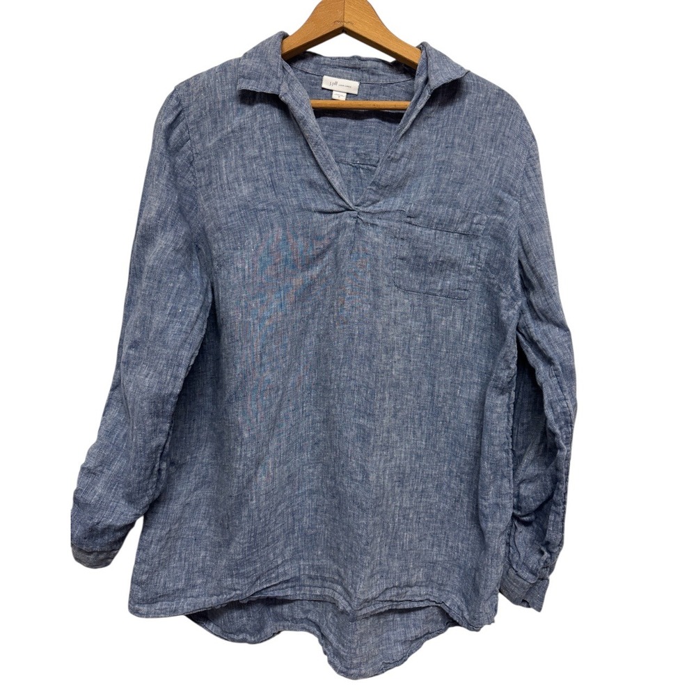 J. Jill Blue Linen-Blend V-Neck Tunic Blouse